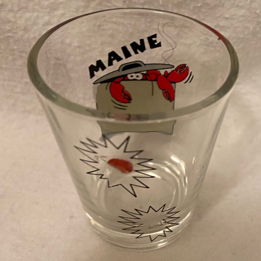 Vintage Maine Red Lobster Souvenir Shot Glass Funny Cartoon Steamer Pot Graphic